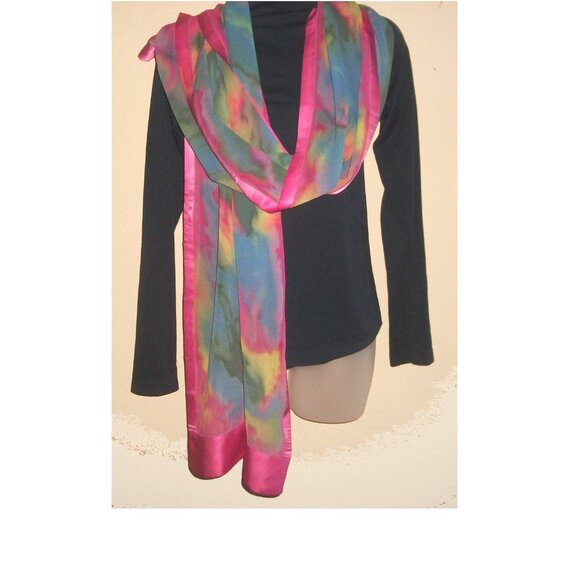 Vtg Hand-Dyed Silk Chiffon & Satin Foulard Scarf Shawl 70" X 15" - Picture 3 of 11